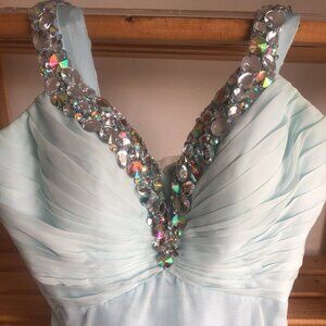 Baby blue formal long dress with gem neckline